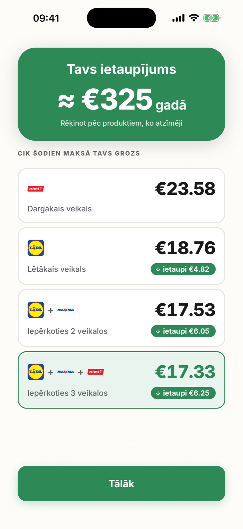 Сумма корзины в каждом магазине: Rimi €23.58, Lidl €18.76, в трёх магазинах €17.33